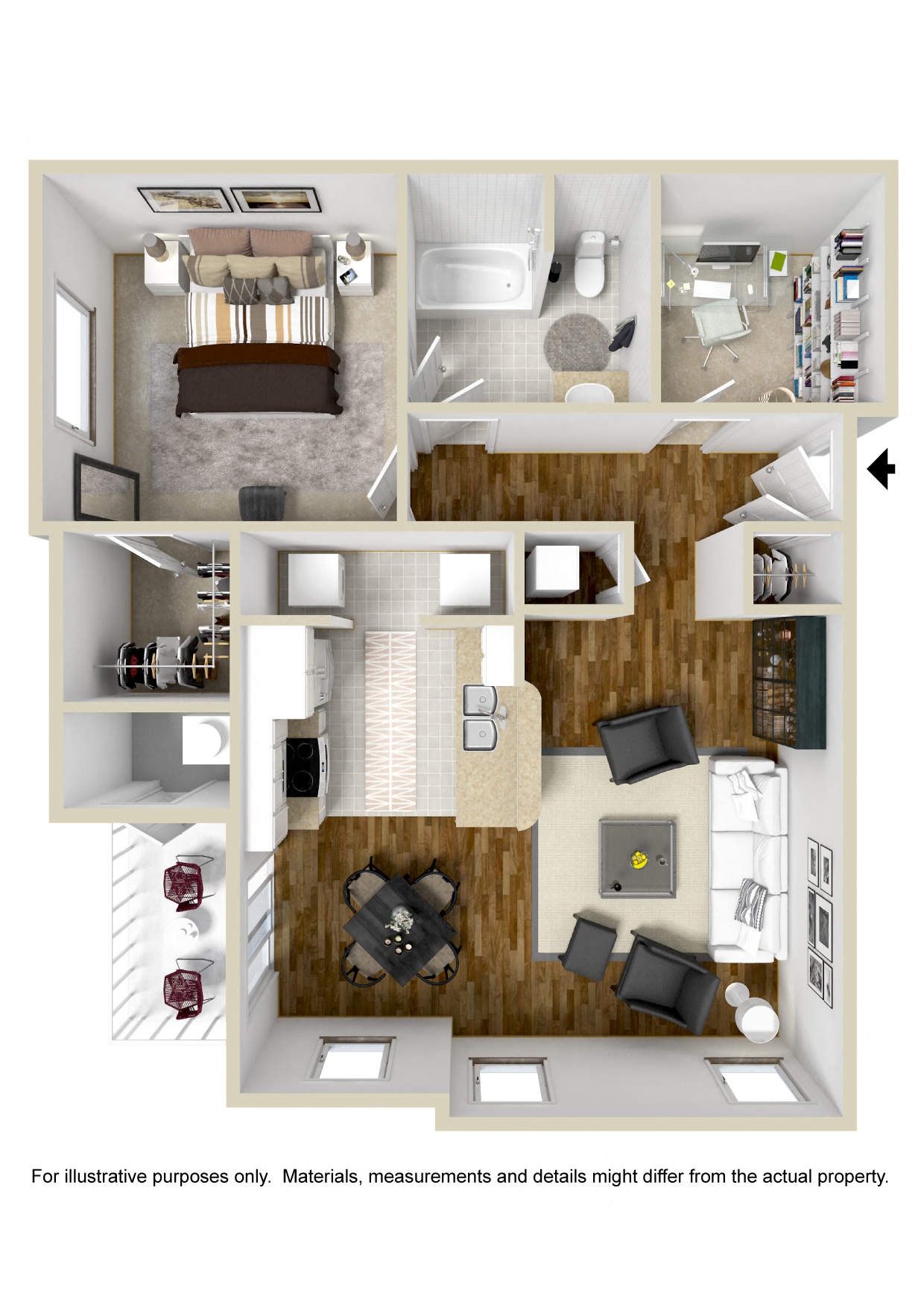 Floor plan for 1 bed, 1 bath, 900 sqft